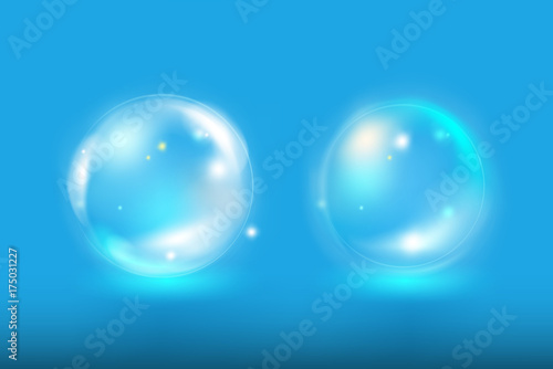 Beautiful  soft  shiny and glossy  transparent soap bubbles with reflection set on bright blue background with glow. Vector illustration