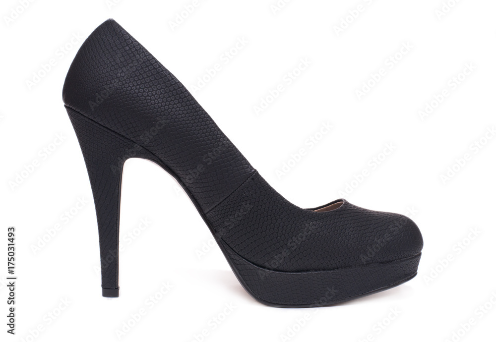 Black elegant high heel female shoes isolated on white background. Black elegant high heel female shoes isolated on white background.