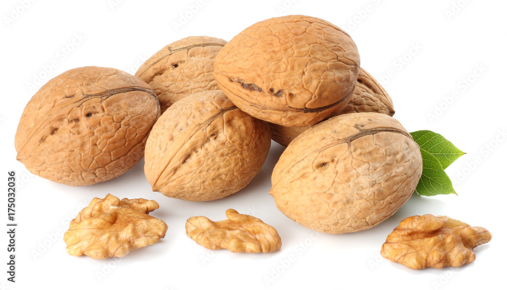 Walnuts with leaves isolated on white background Walnuts with leaves isolated on white background