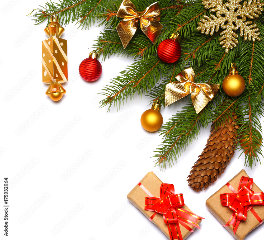 Christmas background. Top view with copy space. fir tree with cone isolated on white background Christmas background. Top view with copy space. fir tree with cone isolated on white background