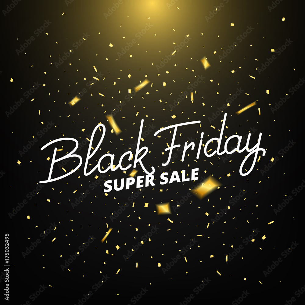 Black Friday. Banner with realistic gold confetti. Black Friday sale background