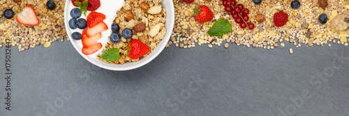 Müsli Frühstück Früchte Joghurt Erdbeeren Beeren Schale Schiefertafel Banner Textfreiraum von oben