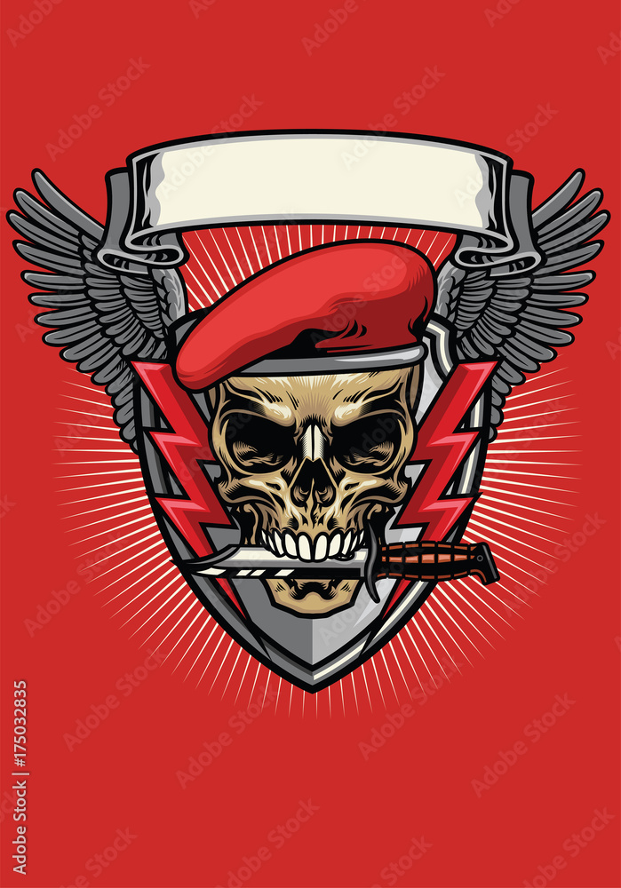 red military beret skull with knife design Stock Vector | Adobe Stock