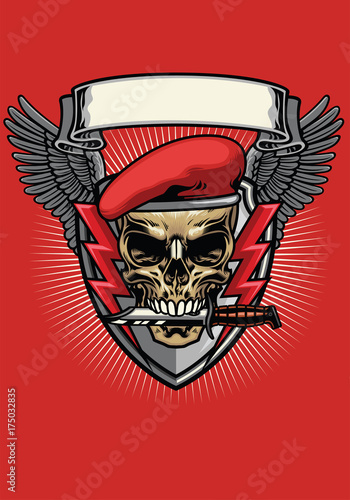 red military beret skull with knife design