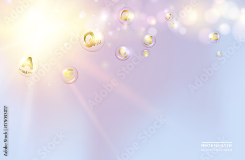 Skin care concept. UV Protection and whitening cream. Golden bubbles with vitamin letters over sky background. Vector illustration.