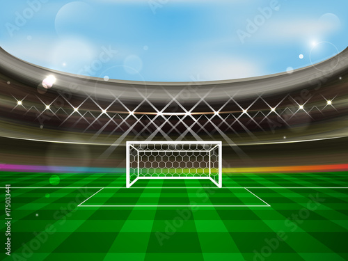 Soccer stadium vector banner. Football arena with spotlights, tribunes, soccer goal net and green grass.