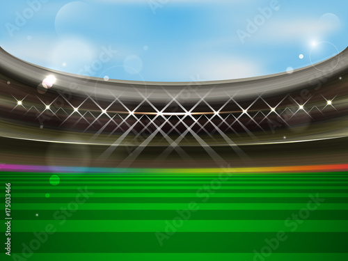 Soccer stadium vector banner. Football arena with spotlights, tribunes and green grass.