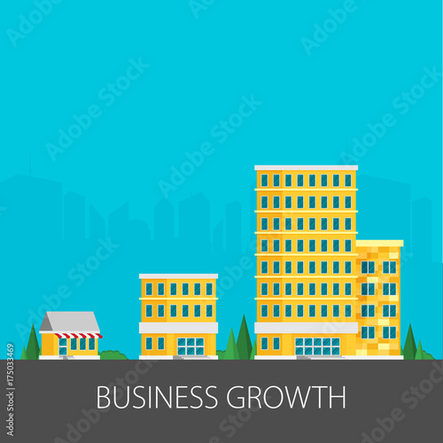 Growth of business. Buildings of company small, middle and big. Flat vector.