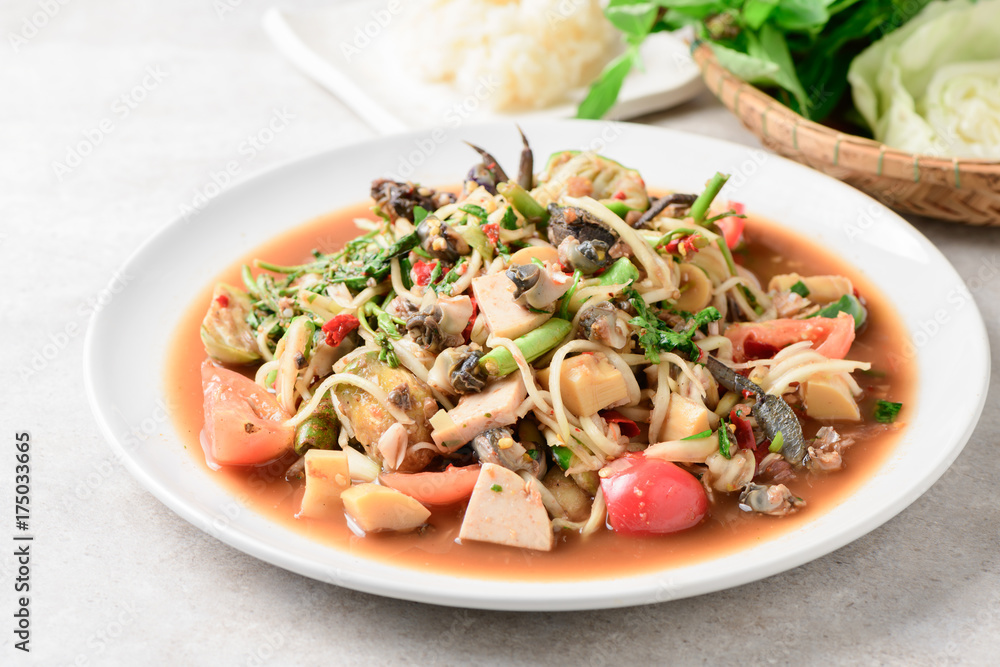 Thai Spicy papaya salad with pork sausage, Thai Spicy papaya salad with pork sausage,