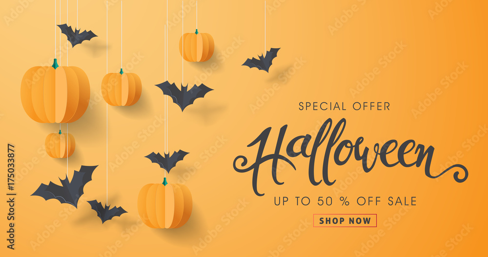 Fototapeta premium Happy Halloween calligraphy with paper bats and pumpkins. banners party invitation.Vector illustration.