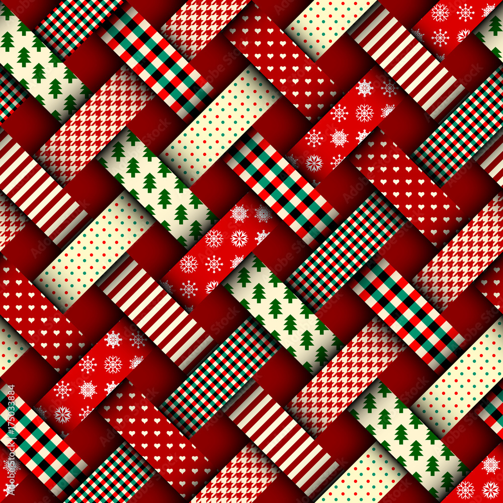 Fototapeta premium Seamless Christmas background in patchwork style. Interweaving ribbons with Christmas patterns on red background.