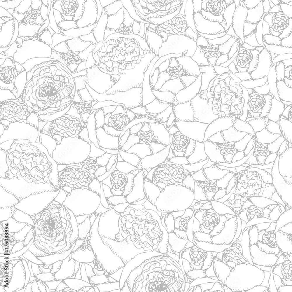 Seamless background pattern. Hand-drawn pion-shaped roses on white background.