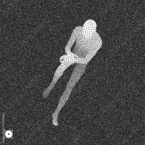 Sitting man. 3D Model of Man. Black and white grainy dotwork design. Stippled vector illustration.