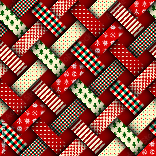 Seamless Christmas background in patchwork style. Interweaving ribbons with Christmas patterns on red background.