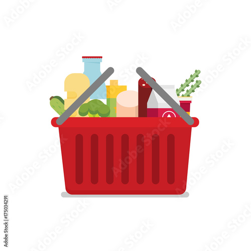 Shopping basket with fresh food and drink.Buy grocery in the supermarket. Vector flat design illustration