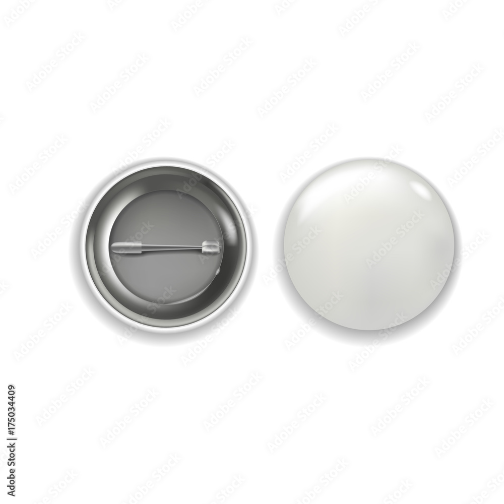 Realistic vector white glossy badge template. Round button badge pin. Realistic vector white glossy badge template. Round button badge pin.