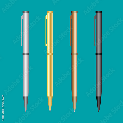 Metal pen set mockup. Realistic illustration