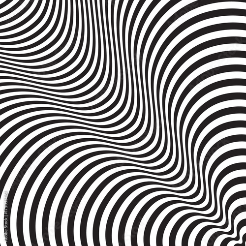 Abstract twisted black and white background. Optical illusion of distorted surface. Twisted stripes.