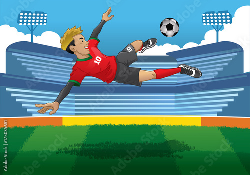 soccer player doing jump volley kick