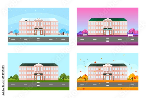 School set in different seasons. Vector background