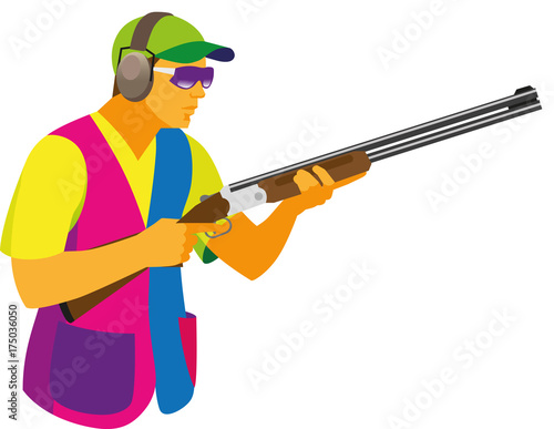 A young man is a participant in the shooting competition by clay pigeon, who is preparing a shot