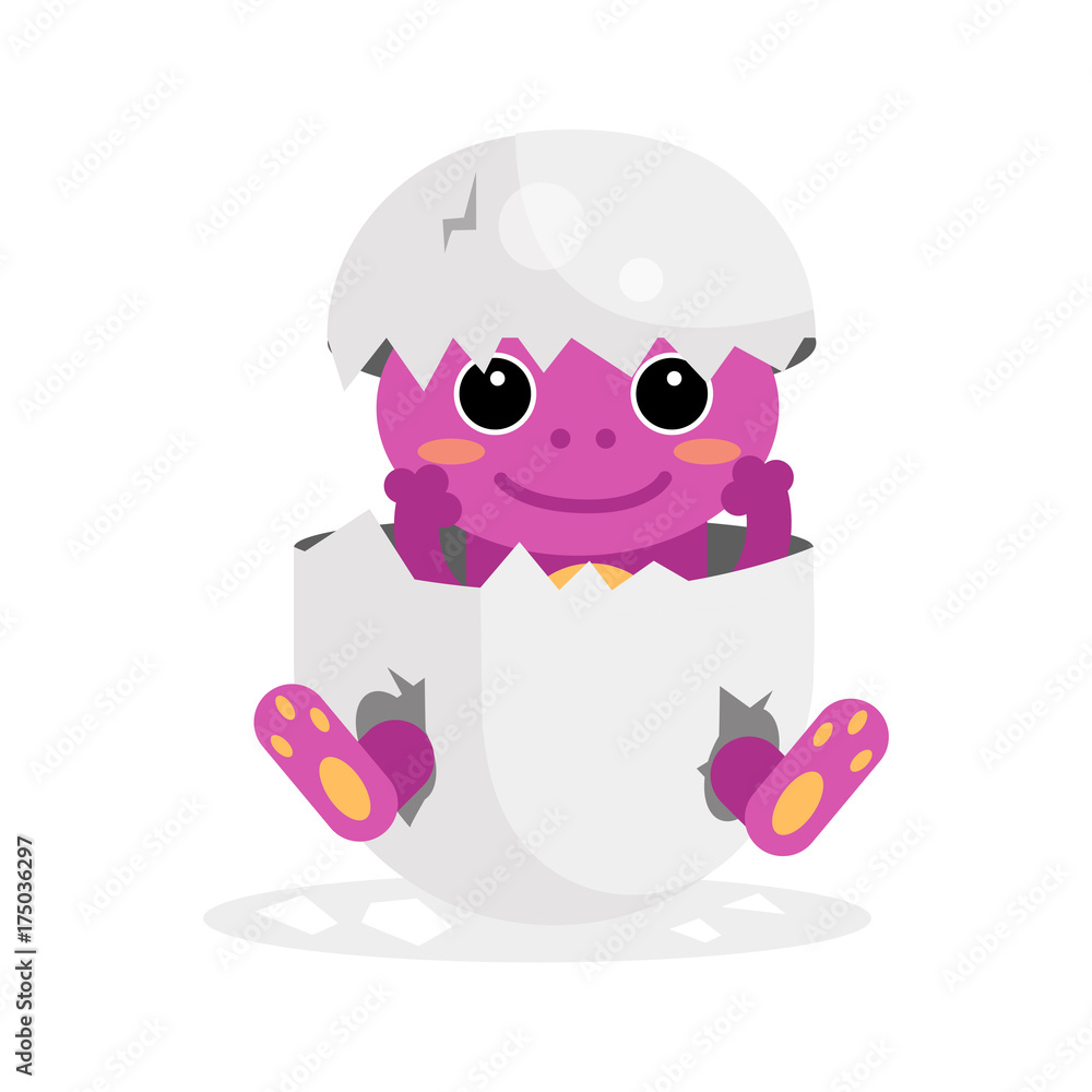 Cute newborn purple animal character, funny animal in egg shell cartoon vector Illustration