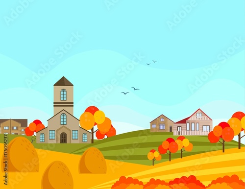 Farm village atumn season with hay background. Vector
