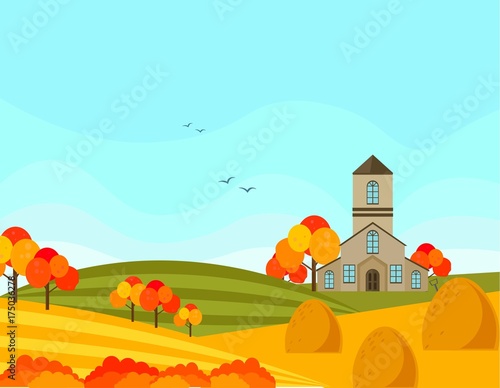 Farm village autumn season with hay background. Vector illustration