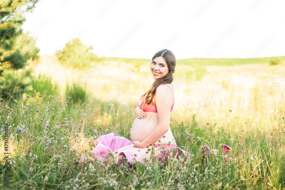 Outdoor portrait of unrecognizable young pregnant woman in the field. beautiful pregnant woman with big belly relaxing in the summer nature meadow Outdoor portrait of unrecognizable young pregnant woman in the field. beautiful pregnant woman with big belly relaxing in the summer nature meadow
