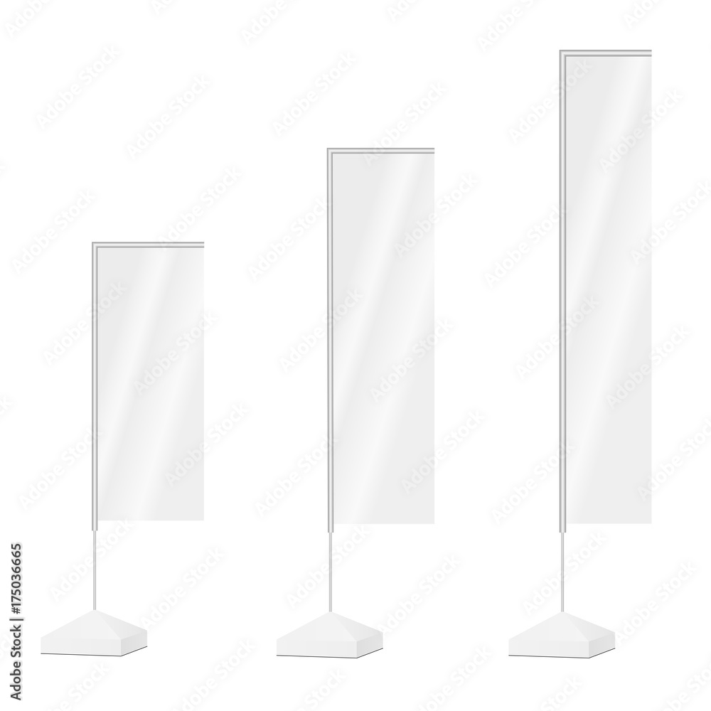 Set of blank rectangular flags. Outdoor advertising vertical flag isolated on white background. Vector illustration Set of blank rectangular flags. Outdoor advertising vertical flag isolated on white background. Vector illustration