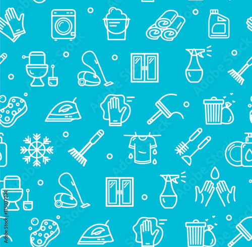 Household and Cleaning Tools Pattern Background on a Blue. Vector