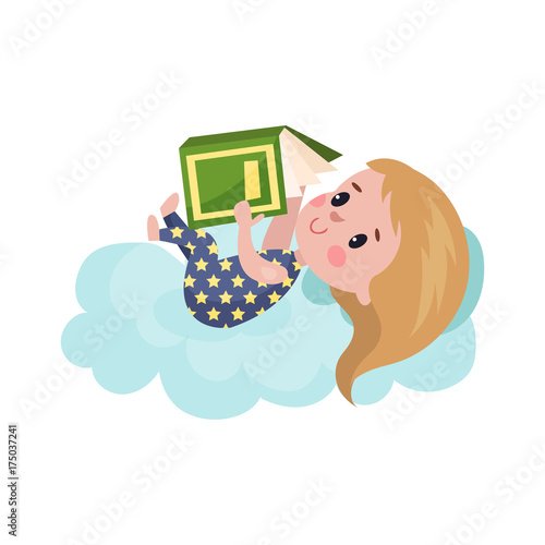 Sweet little girl lying on a cloud and reading book, kid fantasizes and dreams cartoon vector Illustration