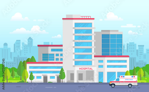 City hospital with ambulance - modern vector illustration