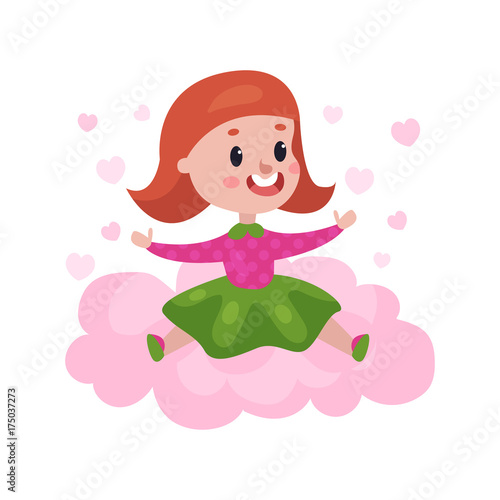 Sweet redhead little girl sitting on a pink cloud surrounded by pink hearts, kid fantasizes and dreams cartoon vector Illustration