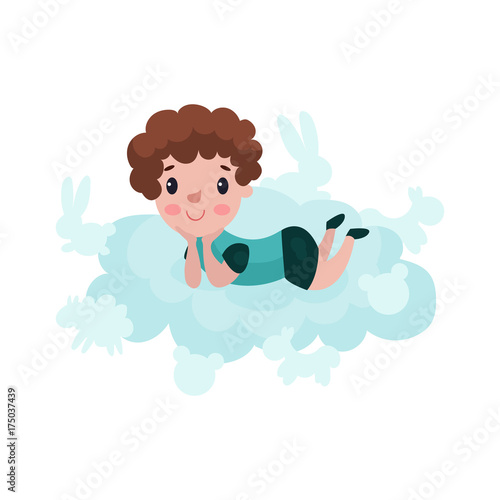 Cute little boy lying on a cloud, kid fantasizes and dreams cartoon vector Illustration