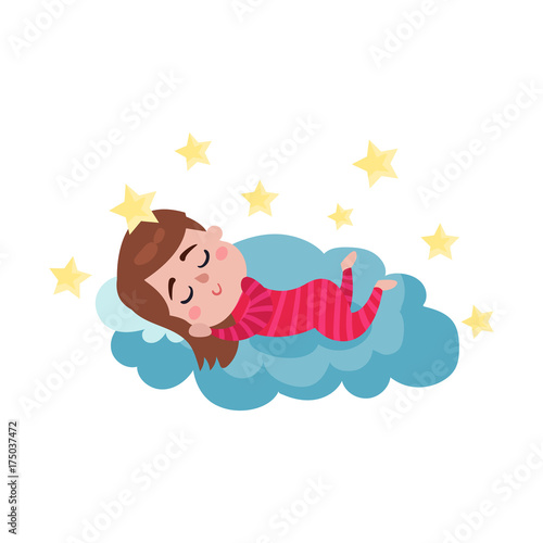 Cute little boy sleeping on a cloud, kid fantasizes and dreams cartoon vector Illustration