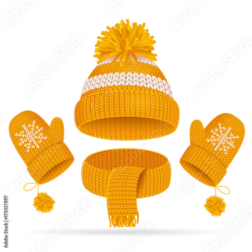 Realistic 3d Hat with a Pompom, Scarf and Mitten Set. Vector