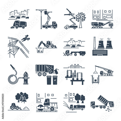 set of black icons public utility, construction, installation, operation, supply, maintenance