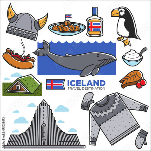 Iceland travel tourism landmarks and Reykjavik tourist culture famous attractions vector icons
