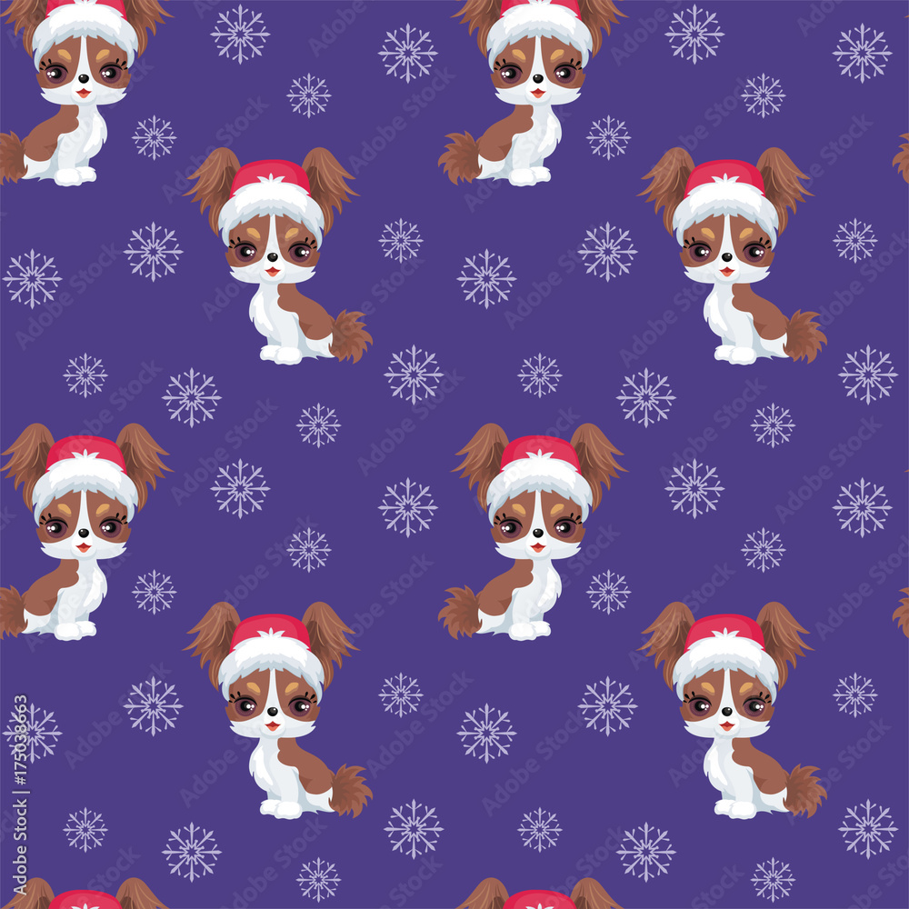 Christmas seamless pattern with the image of little cute puppies in the hat of Santa Claus. Children's vector background.
Christmas seamless pattern with the image of little cute puppies in the hat of Santa Claus. Children's vector background.