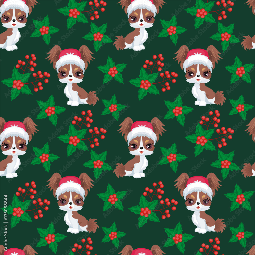 Christmas seamless pattern with the image of little cute puppies in the hat of Santa Claus. Children's vector background.
