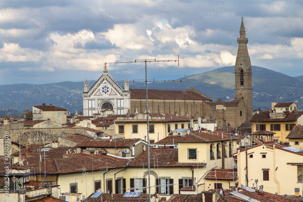 View to the Santa Croce Basilica and cityscape of Florence, Italy.
