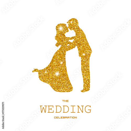 Silhouette of wedding couple with gold glitters
