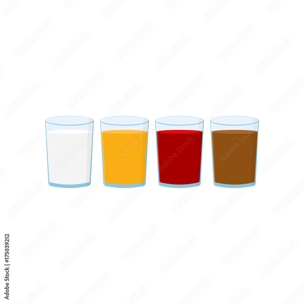 Glasses set with different drinks. Flat style Glasses set with different drinks. Flat style