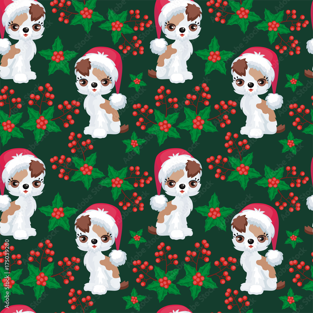 Christmas seamless pattern with the image of little cute puppies in the hat of Santa Claus. Children's vector background. Christmas seamless pattern with the image of little cute puppies in the hat of Santa Claus. Children's vector background.