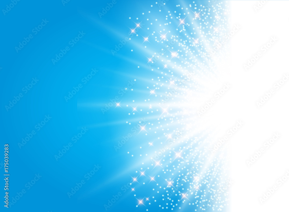 Naklejka premium blask efekt światła słonecznego na niebieskim tle z miejsca na kopię brokatu. Streszczenie wektor