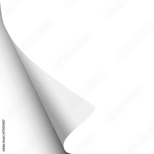 Sheet of white paper with curled lower left corner. Element with space for text and other aims. Vector template paper design.