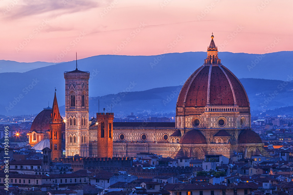 Florence, Cathedral of Santa Maria del Fiore on a sunset, Italy
