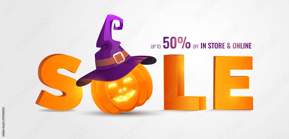 Halloween Sale banner with big 3d letters Sale and holiday symbols pumpkin and witch hat. Great for banner, voucher, offer, coupon, holiday sale. Vector illustration