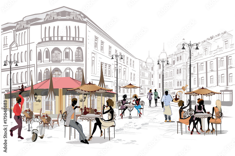 Fototapeta Seria tła ozdobiona widokiem na stare miasto i ulicznymi kawiarniami. Ręcznie rysowane ilustracji wektorowych.